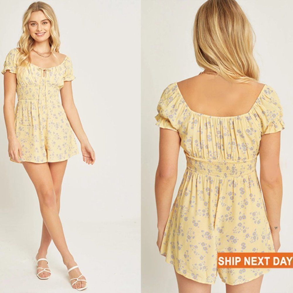 Woven Print Smocked Waist Short Sleeve Romper - Romper